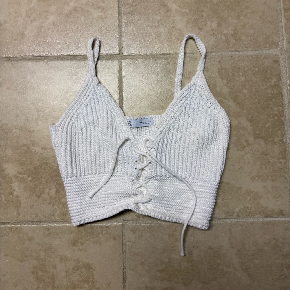 ZARA Knit Lace-Up Crop Top S | Cream Ribbed Corset Bralette Tank